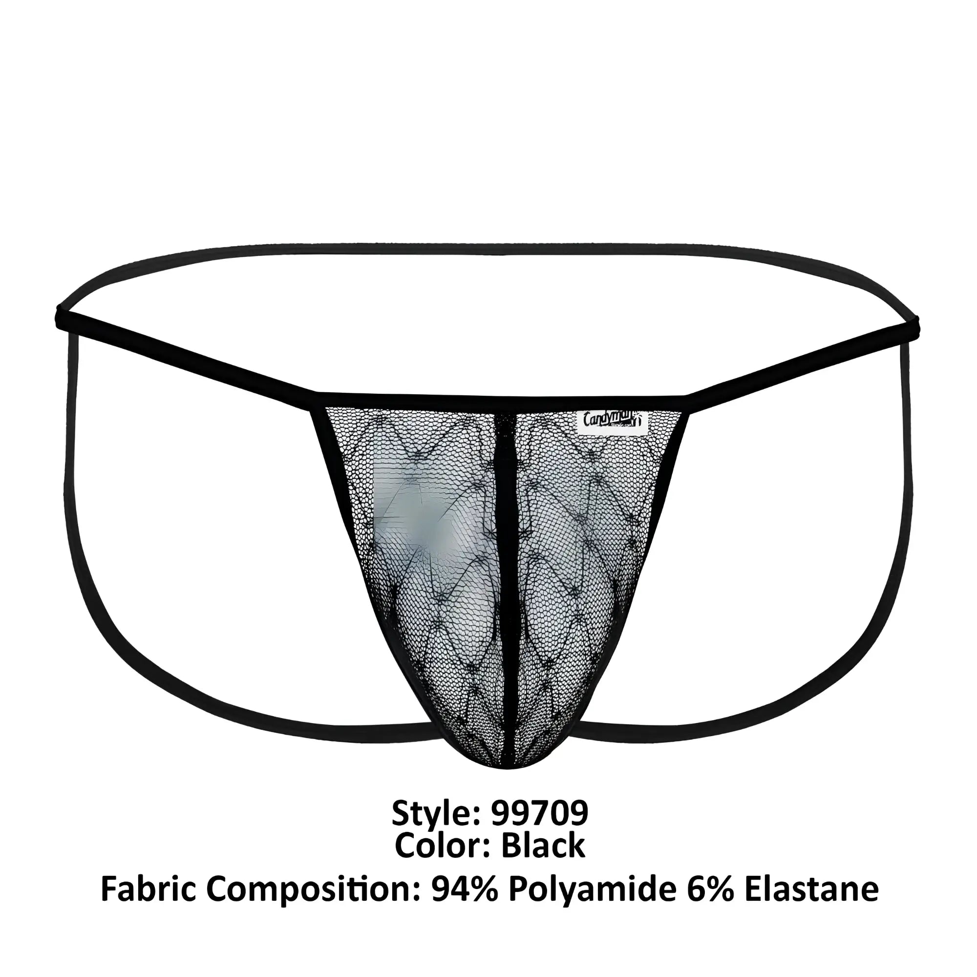 Black candyMan 99709 micro lace jockstrap with diamond-patterned mesh and elastic waistband in thong style