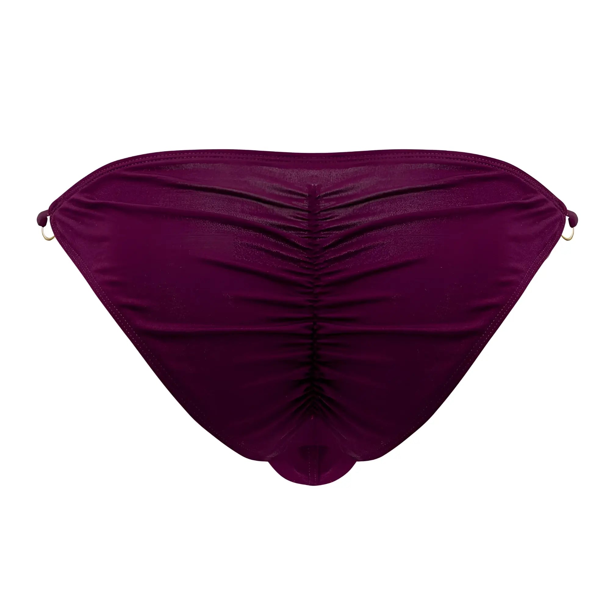 CandyMan 99710 holes in one bikini deep purple ruched satin bikini bottom with metallic side rings shown from back