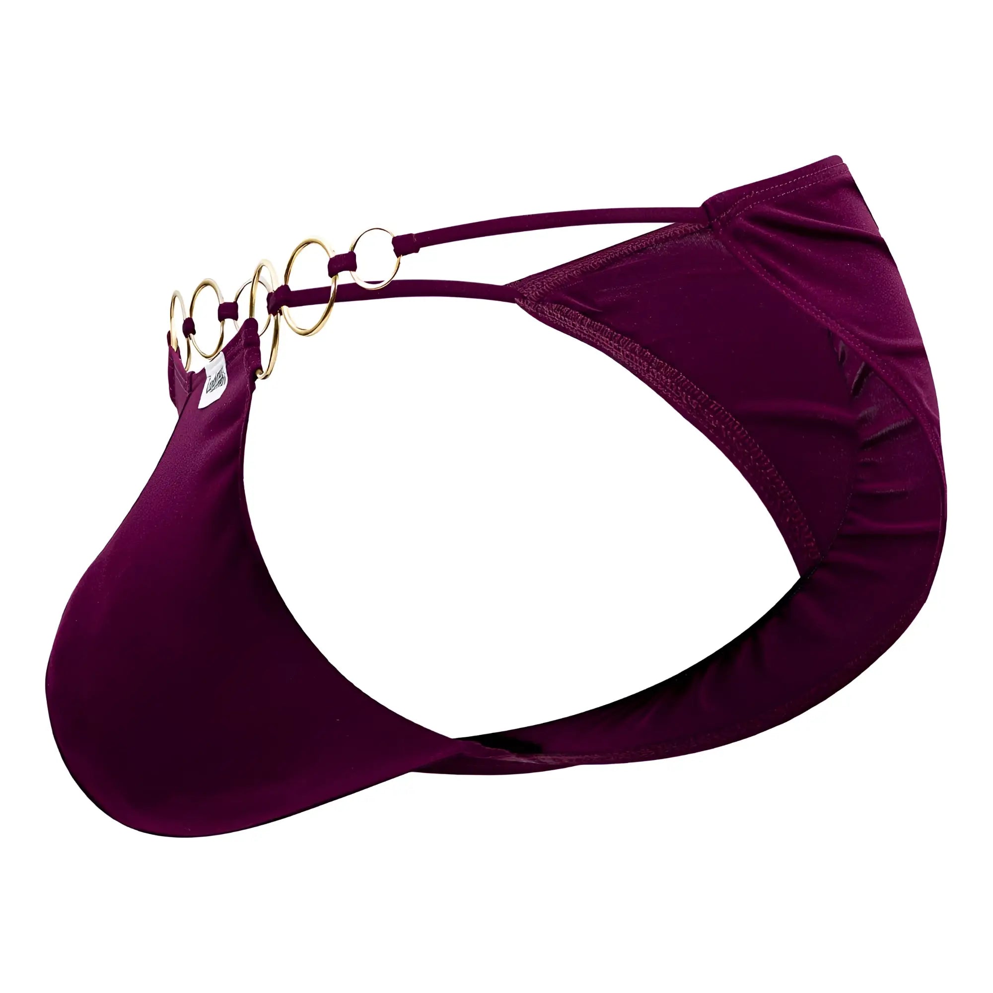 Back view of a burgundy satin candyMan 99710 holes in one bikini thong with gold-toned ring chain detail