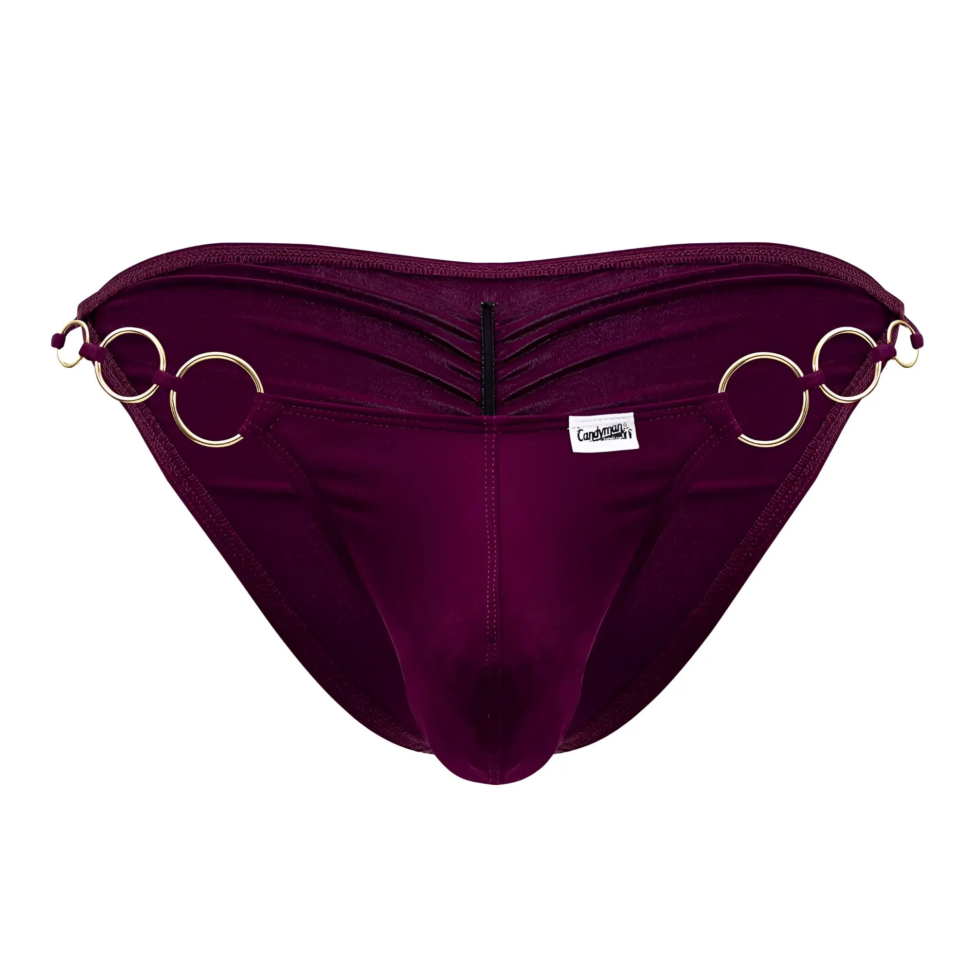 Deep purple velvet briefs with gold-toned metal rings and central zipper from candyman 99710 holes in one bikini burgundy