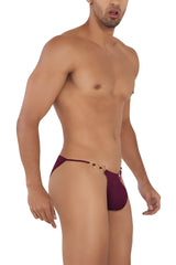 Maroon satin briefs with gold toned ring detailing at waistband from candyman 99710 holes in one bikini burgundy