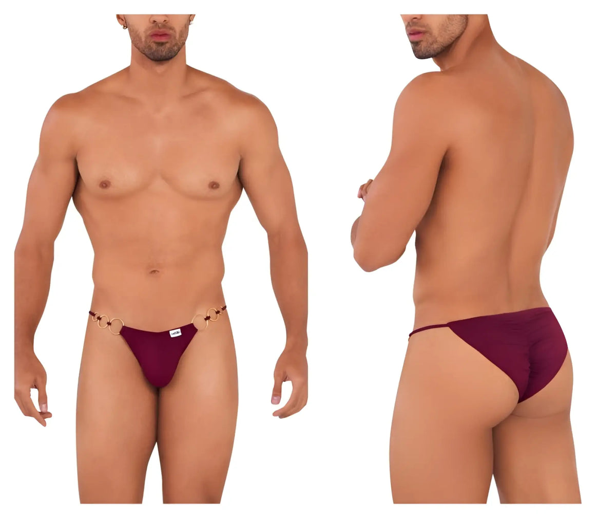 Maroon thong with decorative chain detail at the front from candyman 99710 holes in one bikini color burgundy