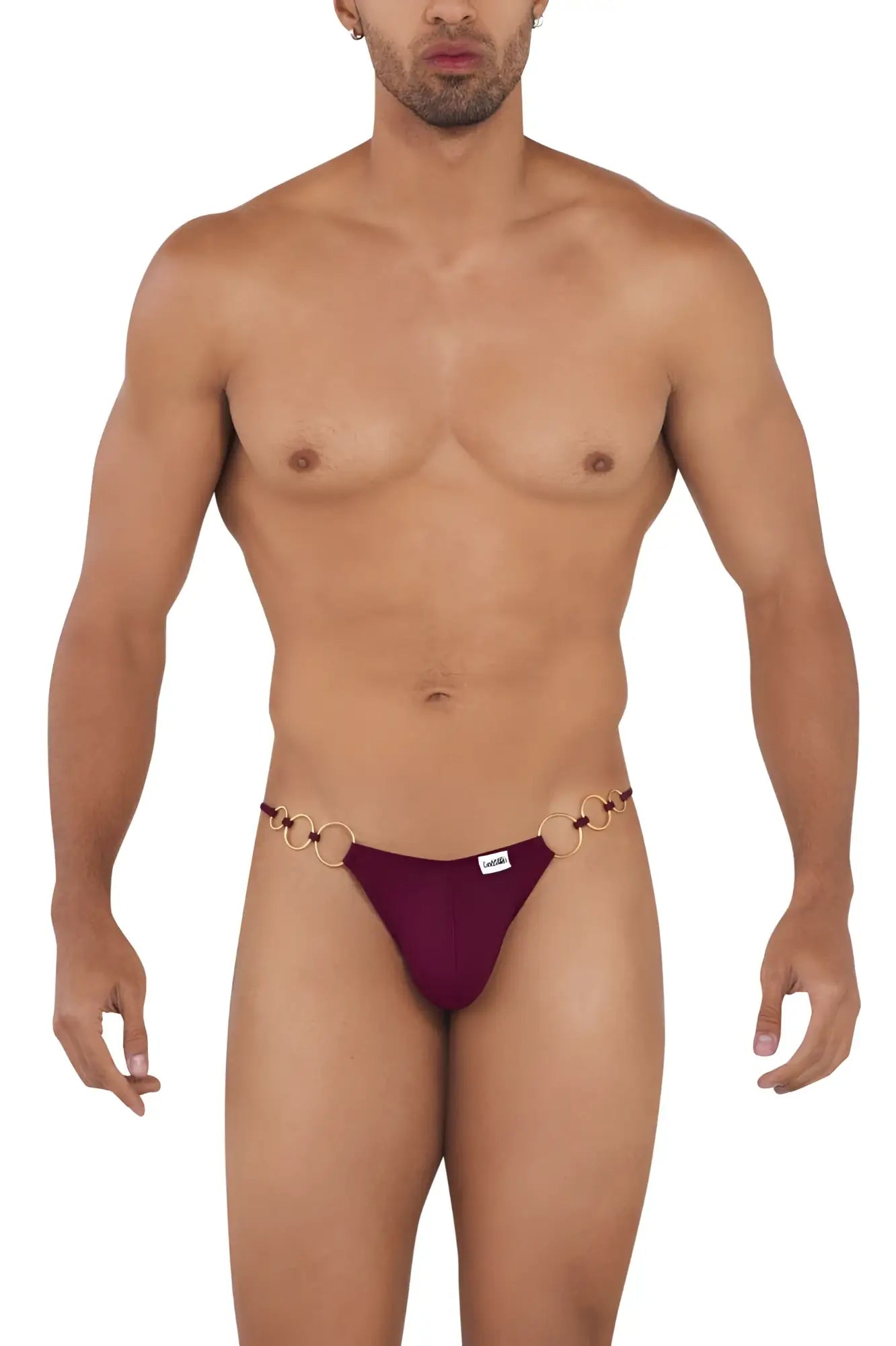 Maroon thong bikini with gold toned ring detailing at the waistband from candyman 99710 holes in one bikini burgundy