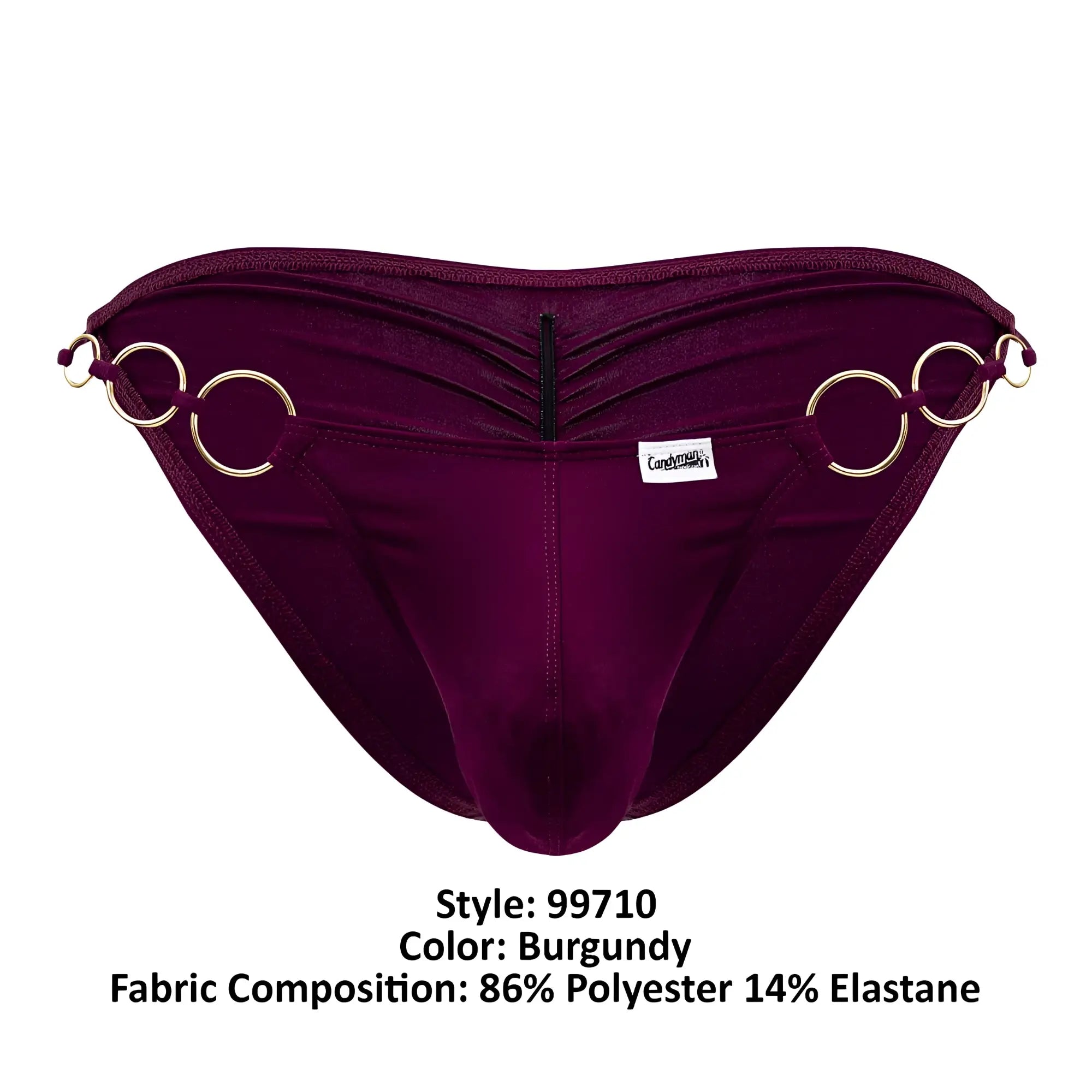 CandyMan 99710 holes in one bikini burgundy velvet briefs with gold-toned ring accents and central zipper