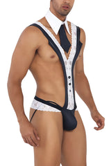 Black lace-trimmed men’s novelty bodysuit with white collar and tie in candy man 99715 work-n-play costume black