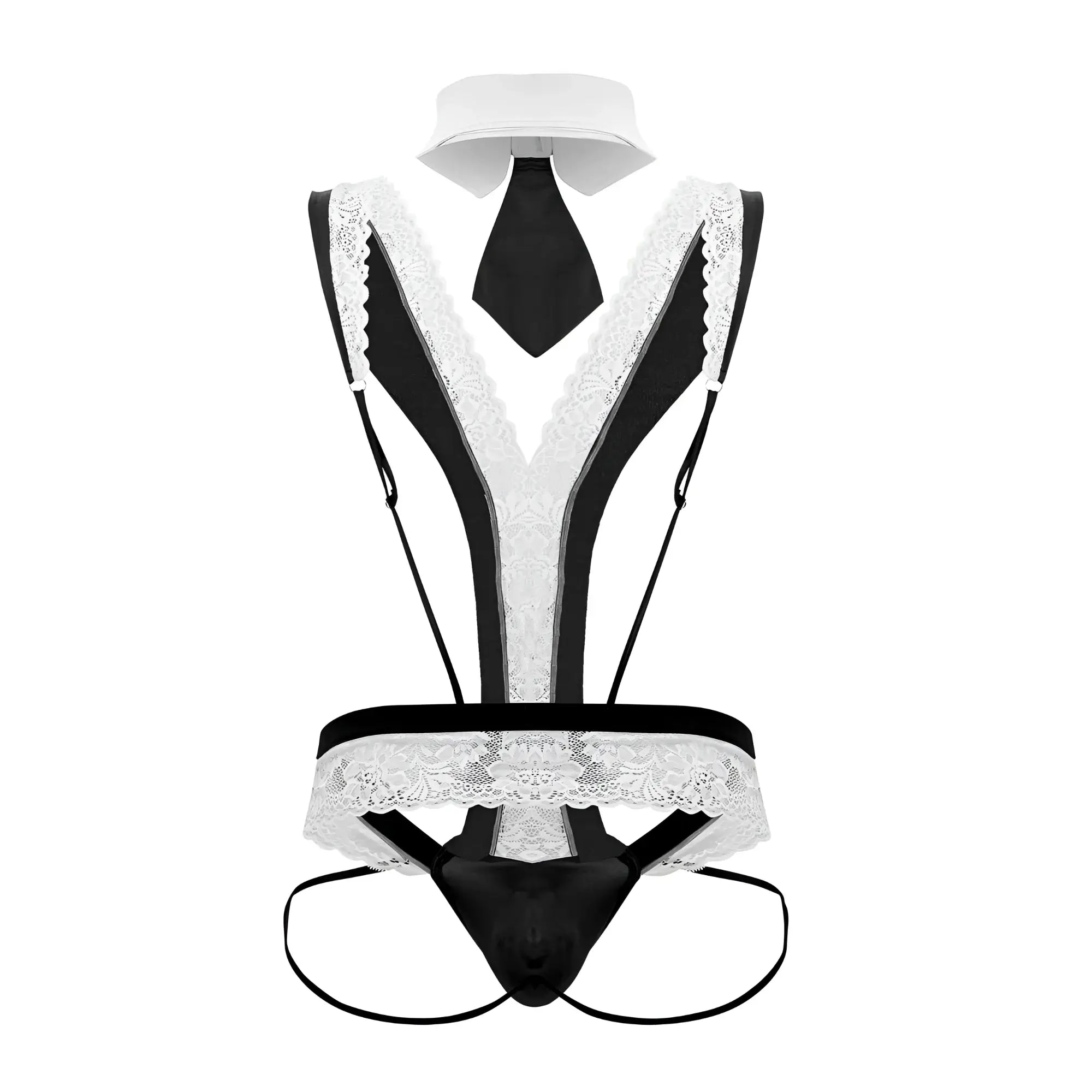 Black and white lace maid costume with collar tie and suspenders from candyman 99715 work-n-play outfit in black
