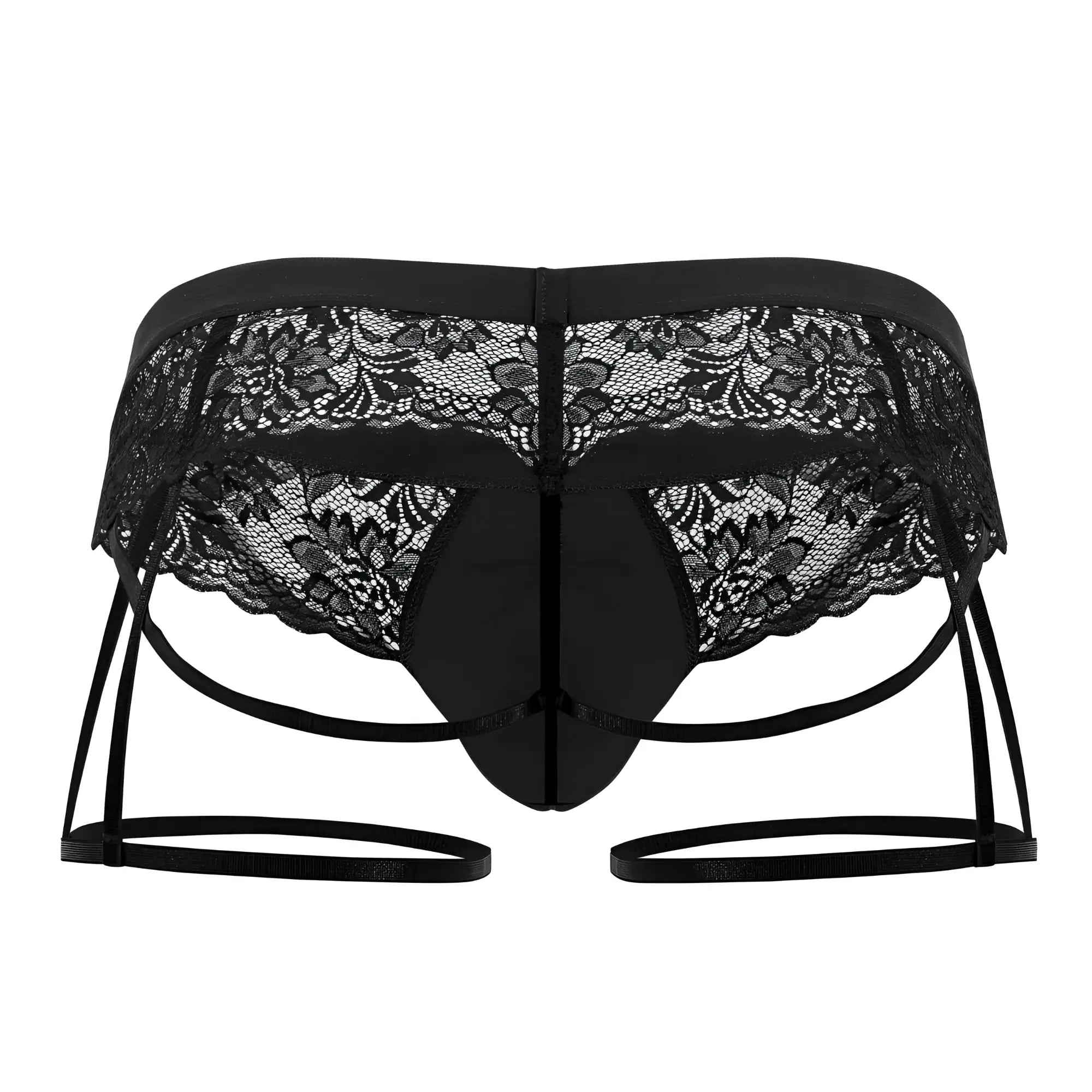 Black lace thong garter jockstrap with intricate floral patterns and adjustable straps candyMan 99717 back side