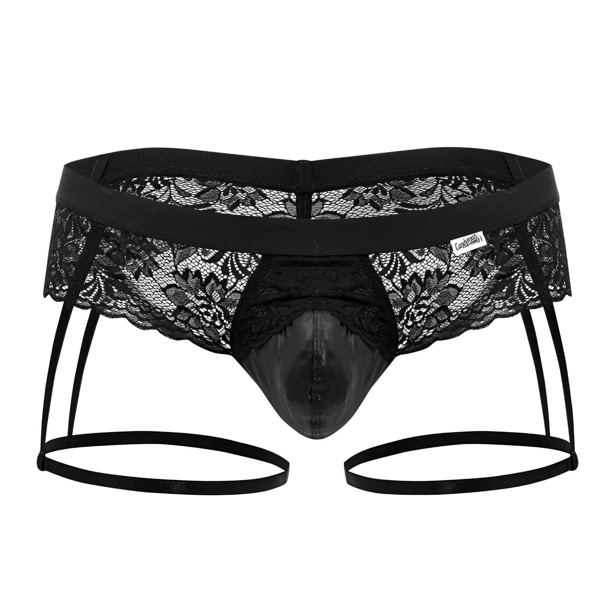 Black lace CandyMan 99717 garter jockstrap with shiny front panel and adjustable straps in black