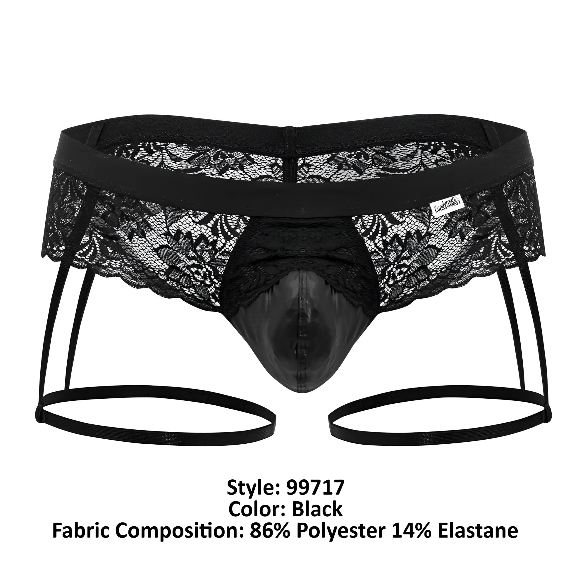 Black lace-trimmed CandyMan 99717 lace garter jockstrap with glossy molded front panel and adjustable side straps