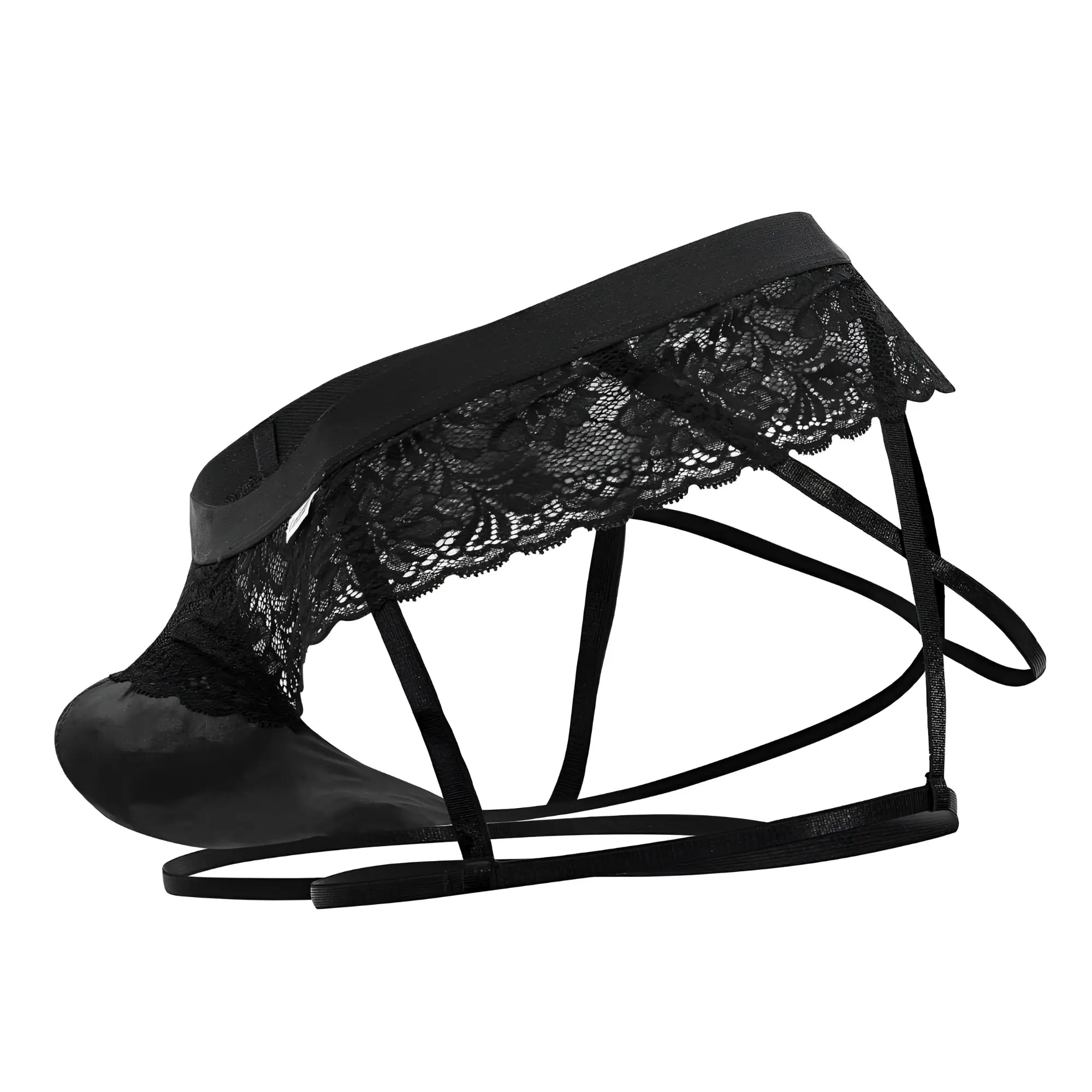 Black lace-trimmed satin garter jockstrap with crisscross straps by candyman 99717 in black shown from back