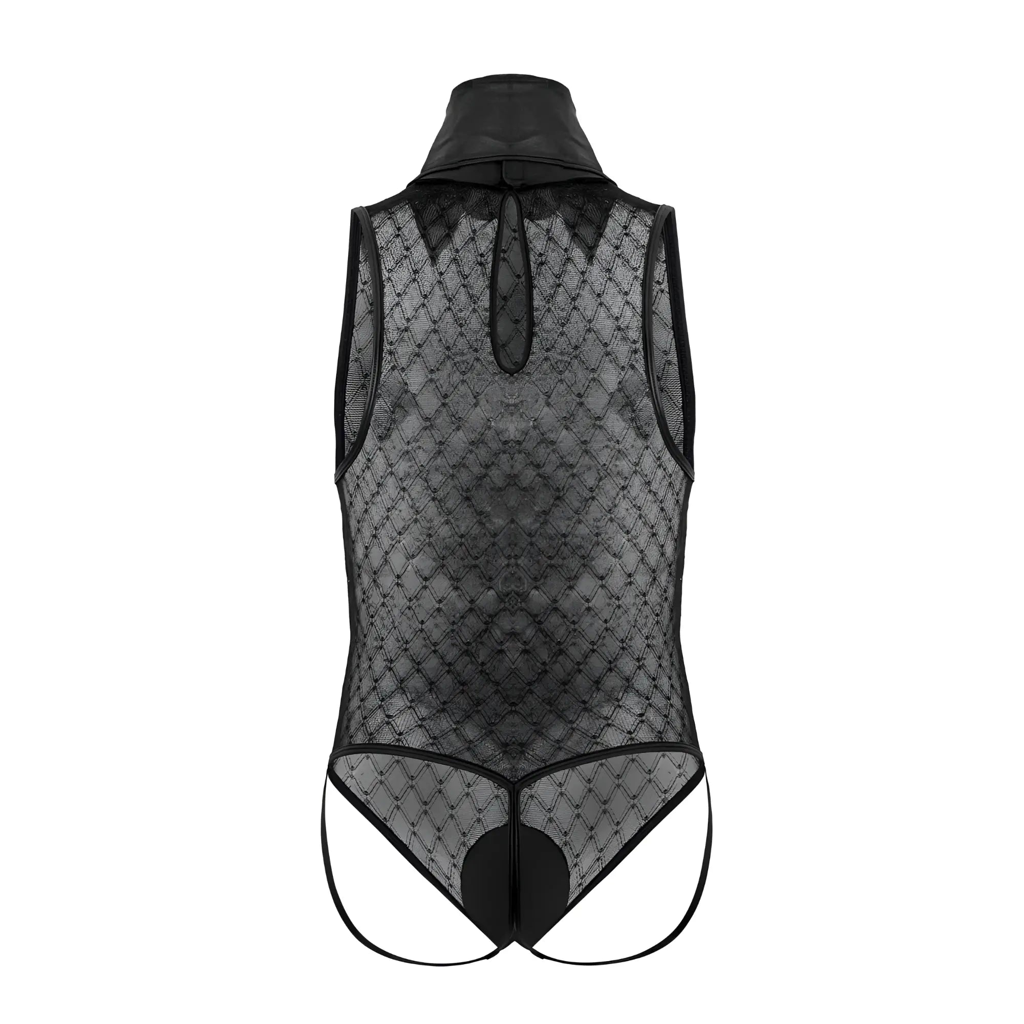 Black lace CandyMan 99720 Work-N-Play bodysuit with high collar and diamond-patterned mesh in black