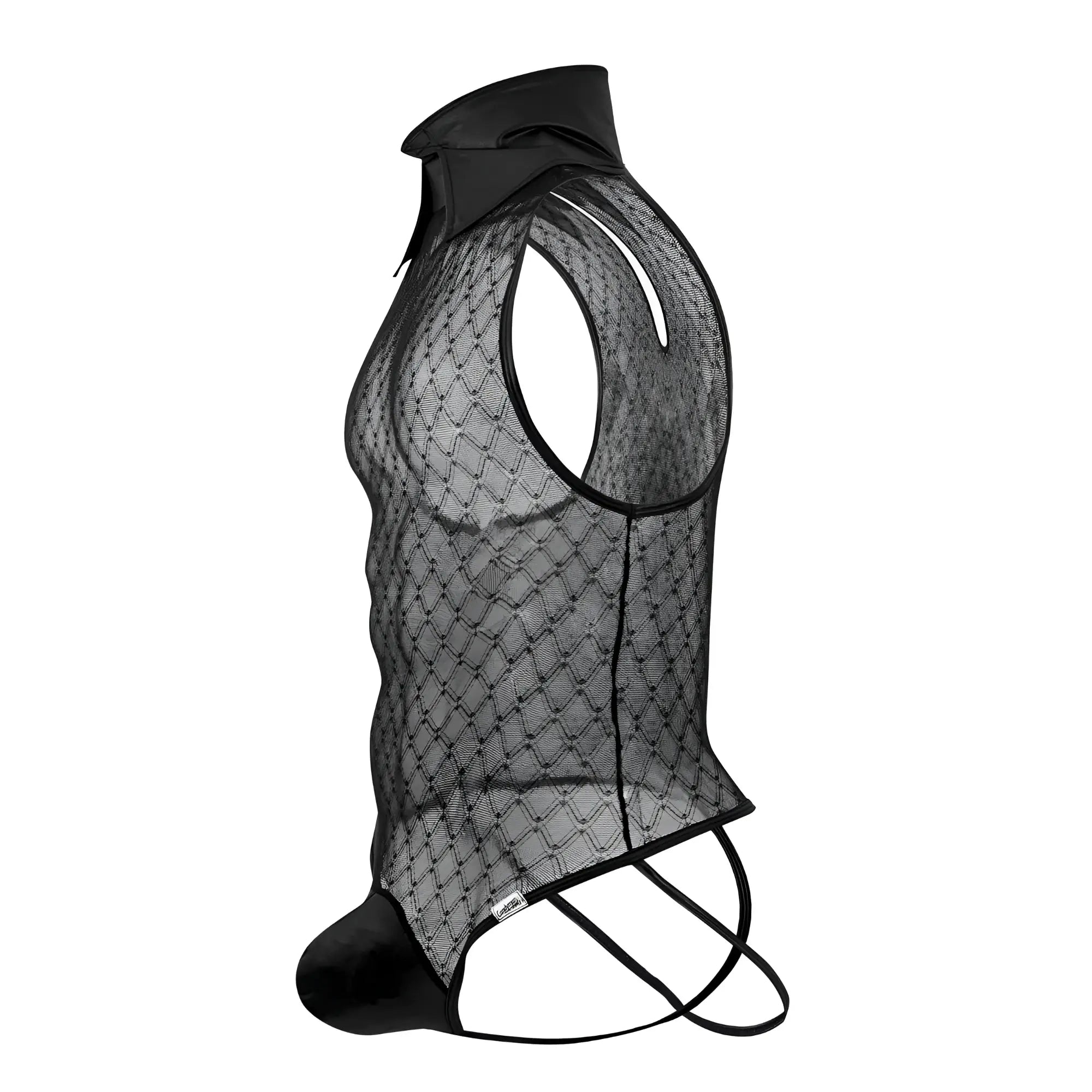 Black mesh CandyMan 99720 work-n-play bodysuit with solid collar and matching crotch ties