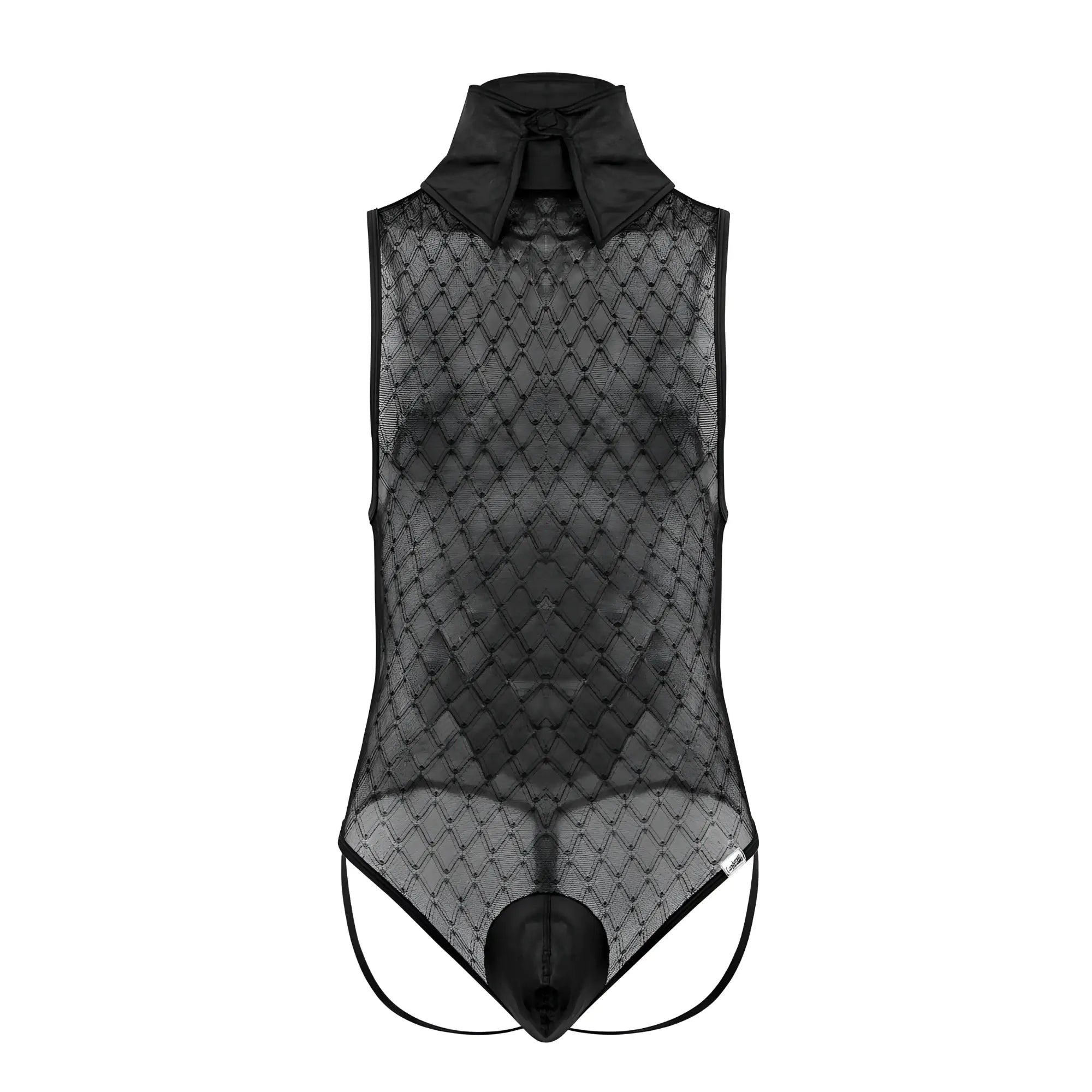 Black candyMan 99720 Work-N-Play sheer mesh bodysuit with structured collar and diamond-patterned lace overlay
