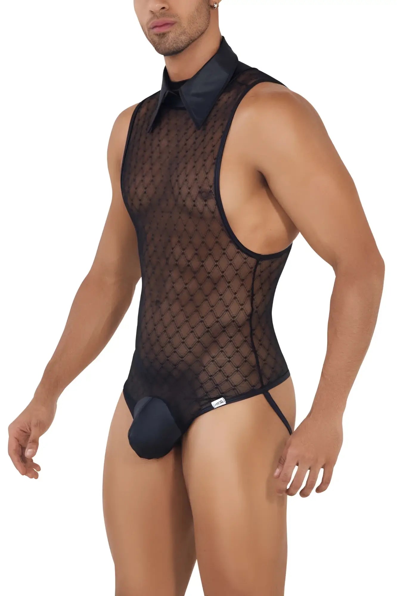 Black CandyMan 99720 work-n-play bodysuit with sheer mesh, structured collar, and matching fabric crotch panel