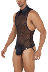 Black CandyMan 99720 work-n-play bodysuit with sheer mesh, structured collar, and matching fabric crotch panel