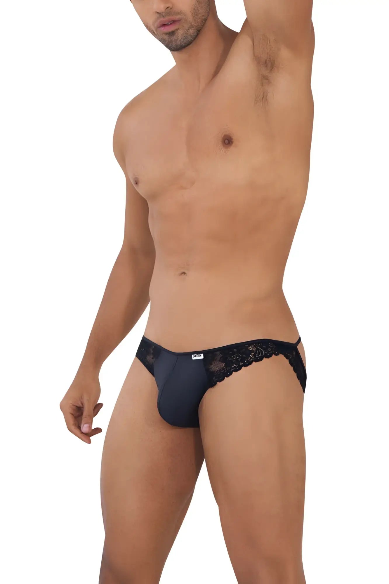 Black lace-trimmed CandyMan 99721 lace jockstrap with sleek form-fitting design in black color