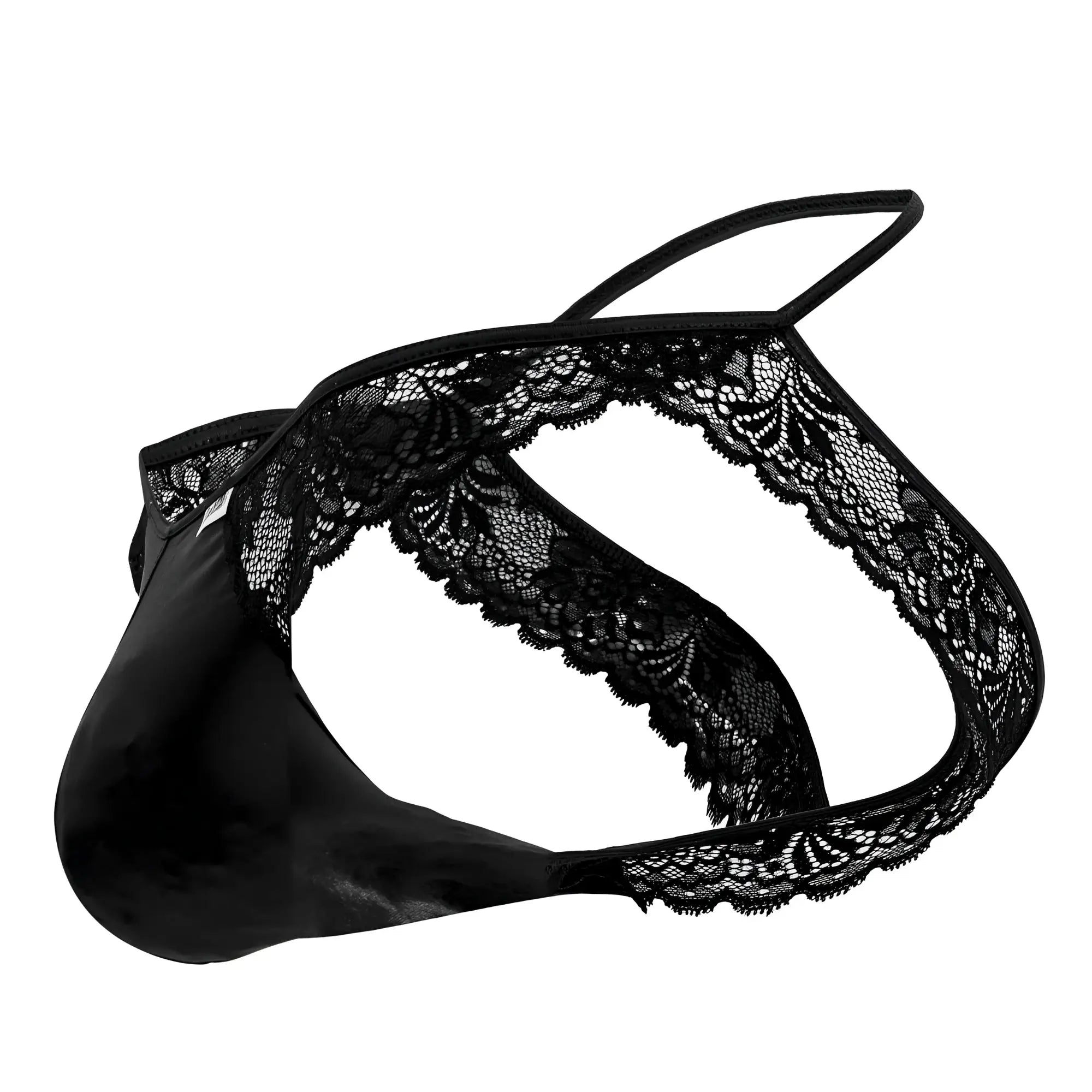 Black candyMan 99721 lace jockstrap thong with satin fabric and floral lace trim for men