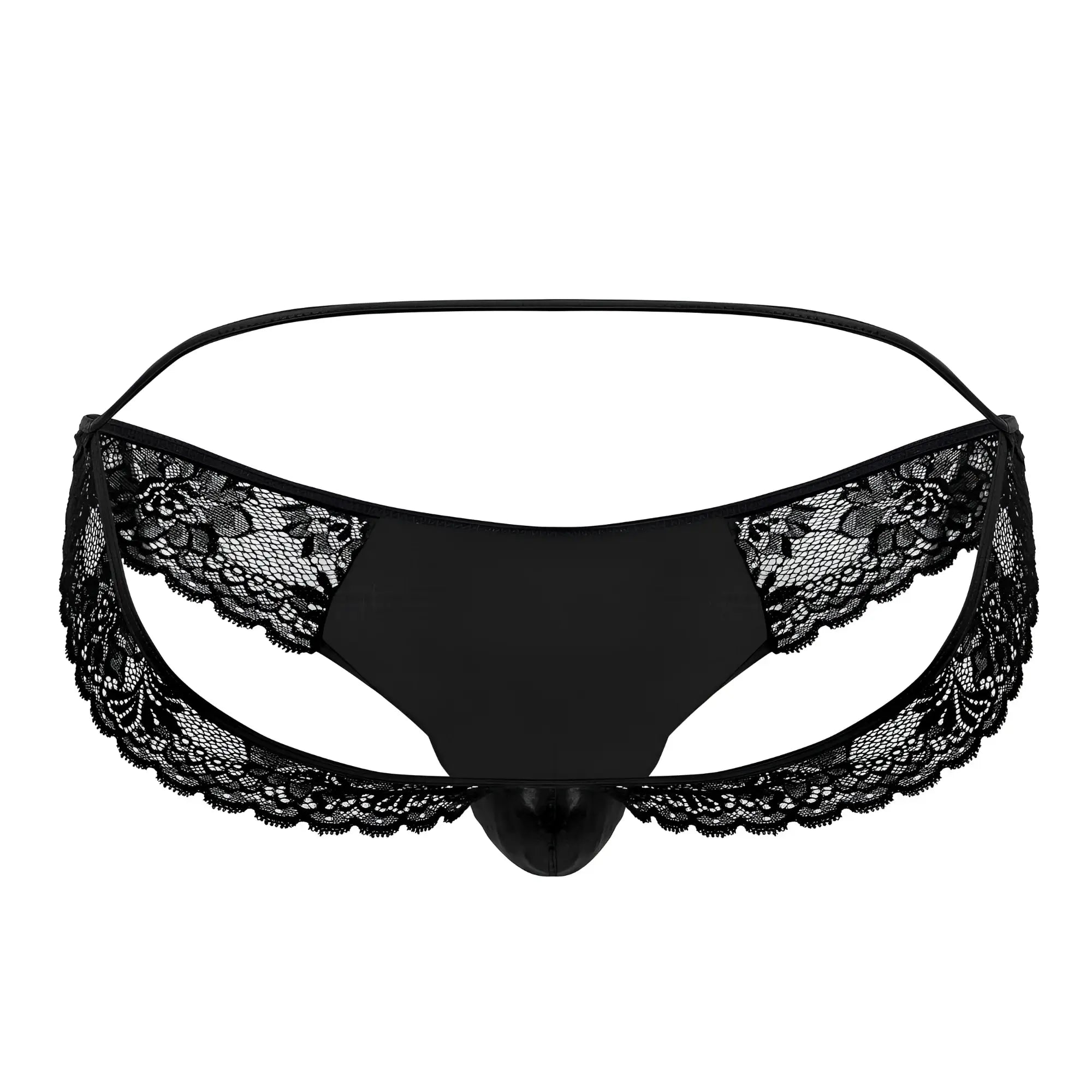 Black lace-trimmed Cotton CandyMan 99721 thong with central pouch and thin elastic waistband in black
