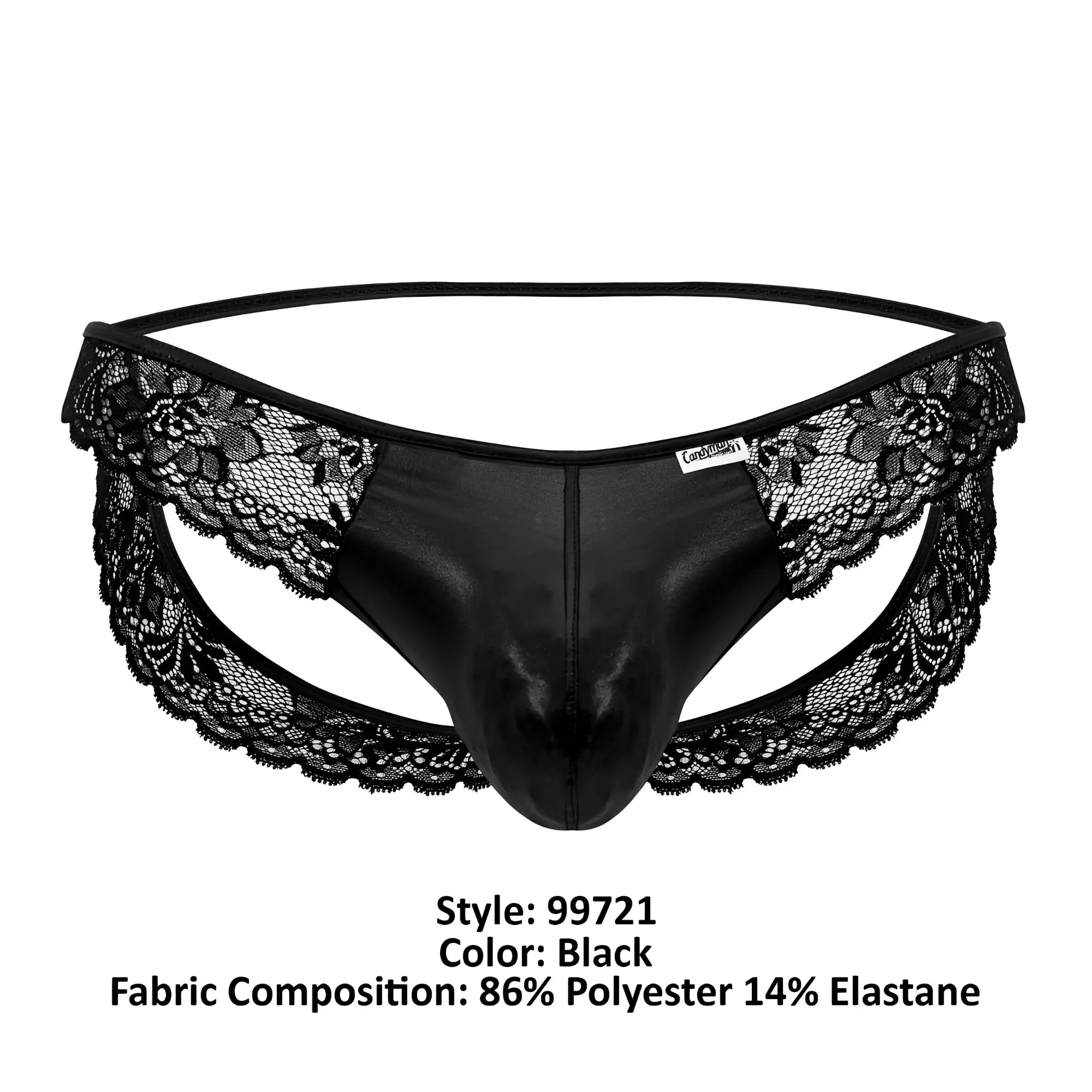 Black lace-trimmed thong made of shiny polyester and elastane from candyman 99721 lace jockstrap collection