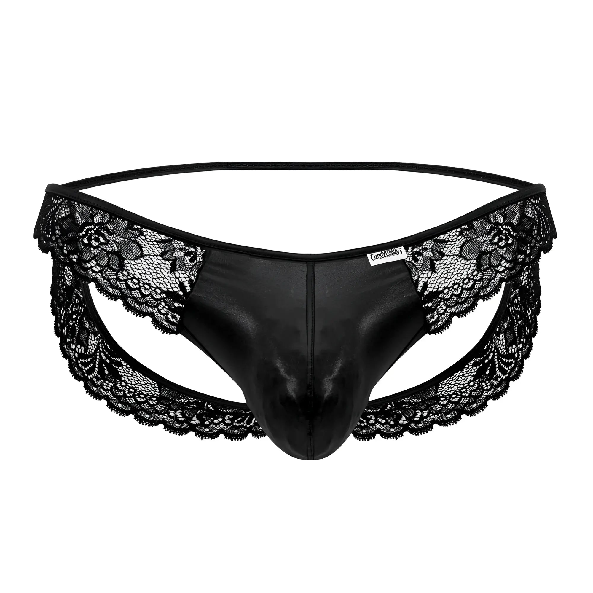 Black lace-trimmed thong with shiny faux leather front panel from candyman 99721 lace jockstrap collection