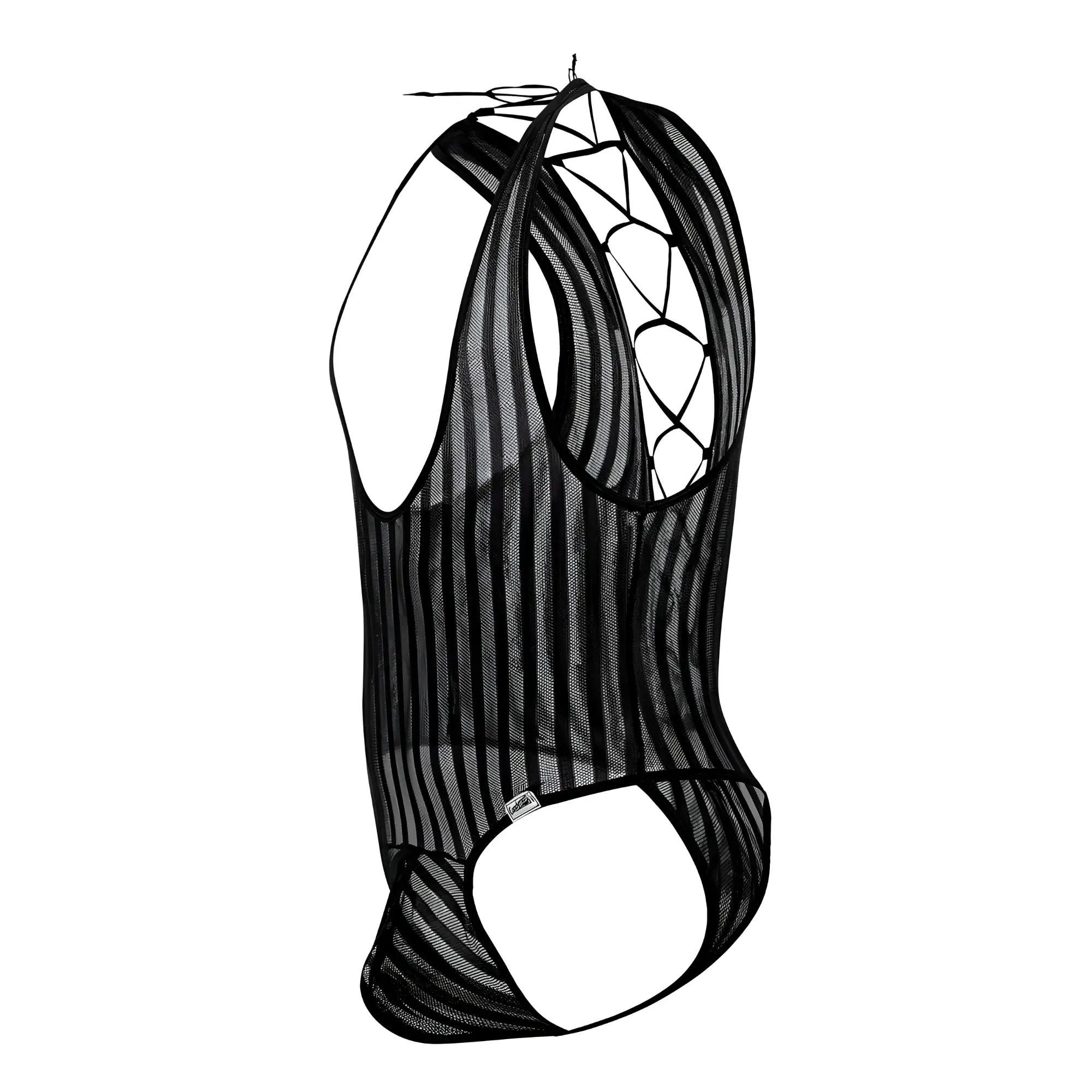 Black mesh candyMan 99727X work-n-play one-piece bodysuit with vertical stripes and lace-up back design shown from back