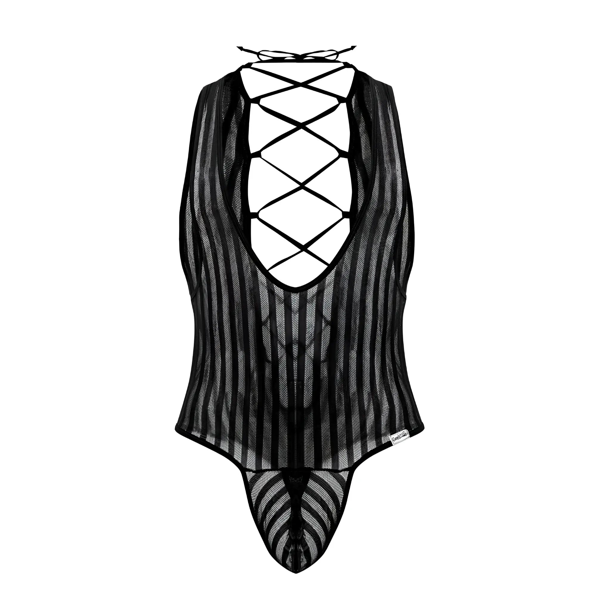 Black candyMan 99727X work-n-play bodysuit with vertical mesh stripes and lace-up back shown from behind