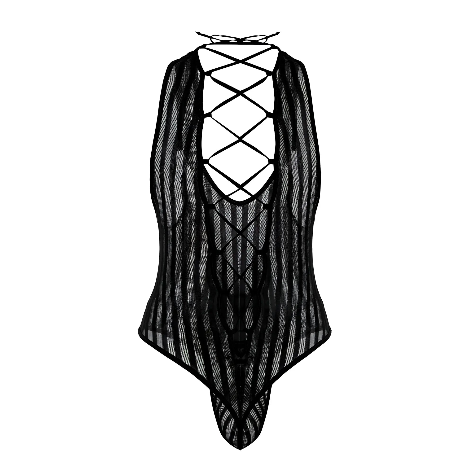 Black sheer mesh candyMan 99727X Work-N-Play bodysuit with lace-up back and vertical striped pattern back side view