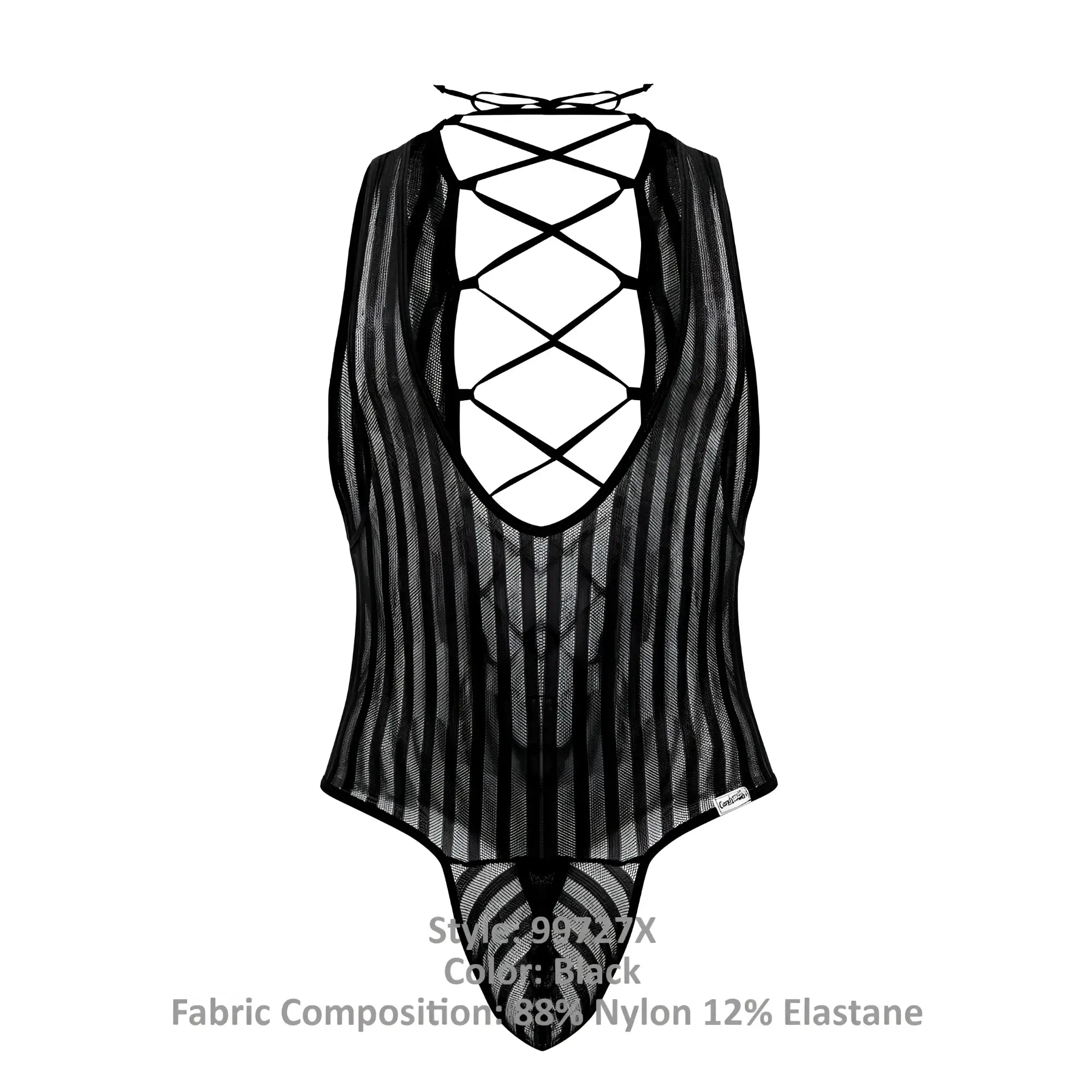 Black sheer mesh bodysuit candyMan 99727X with vertical stripes and lace-up back shown from back side