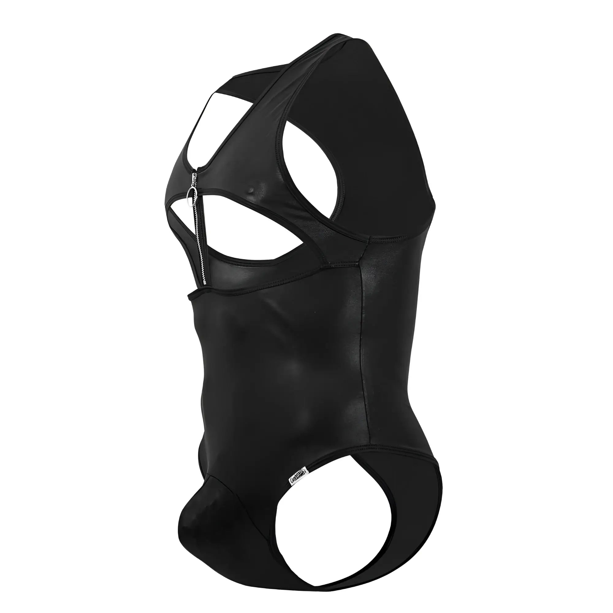 Black faux leather CandyMan 99728 work-n-play bodysuit with cut-out design and zipper closure