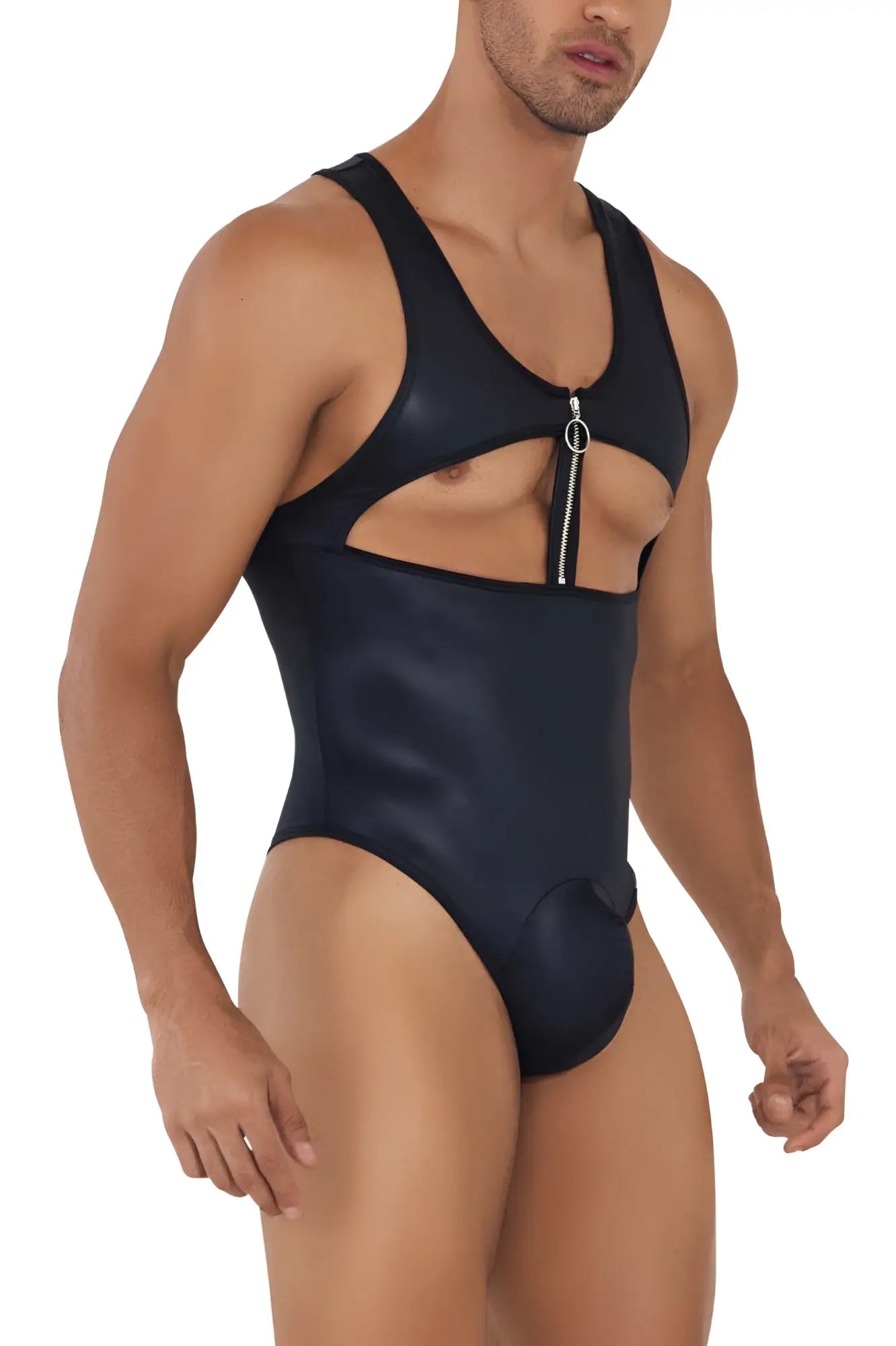 Black glossy latex CandyMan 99728 work-n-play bodysuit with front zipper and cut-out design