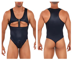 Black glossy one-piece swimsuit with front zipper and cutout design candyMan 99728 work-n-play bodysuit