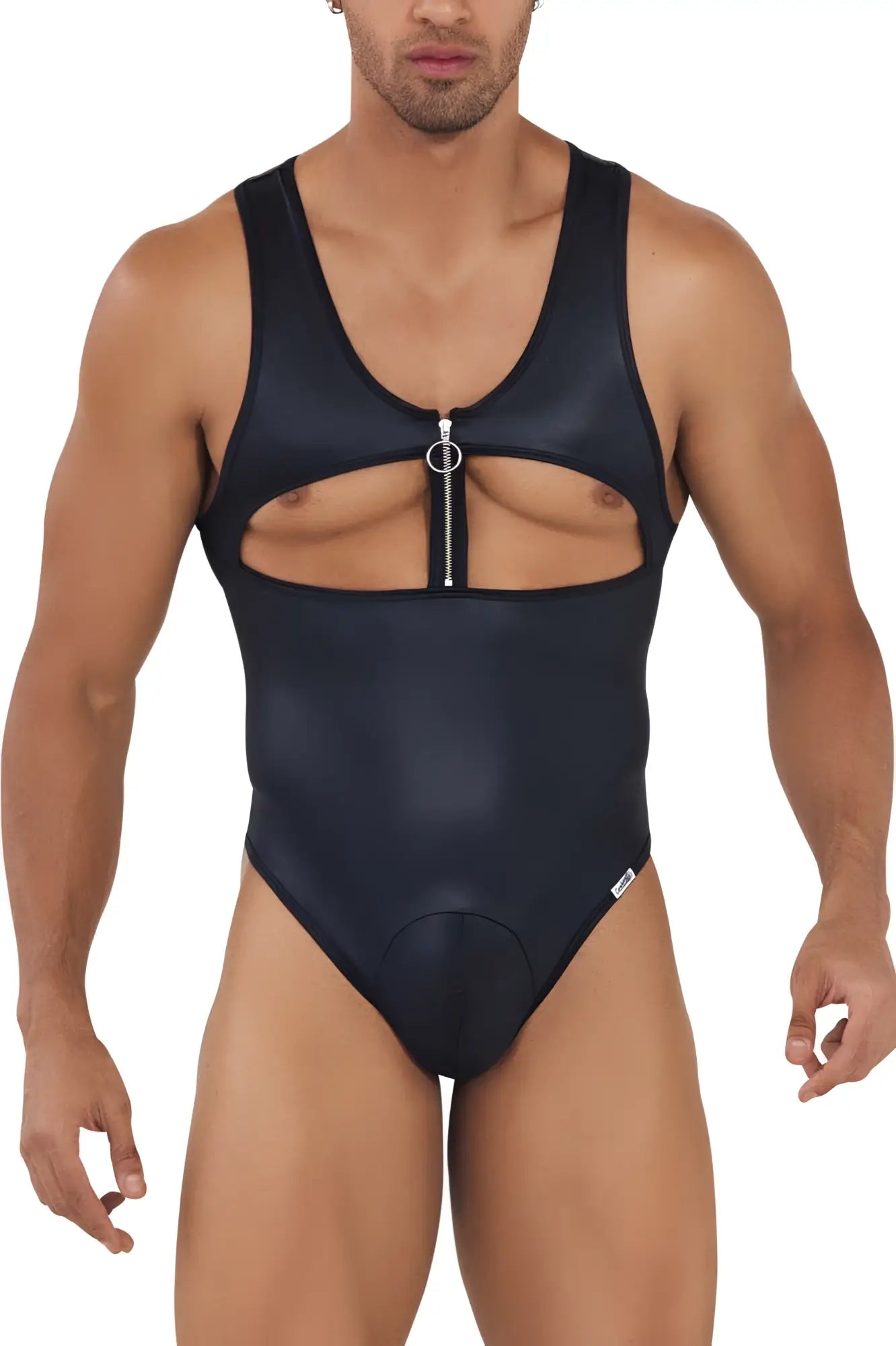 Black glossy candyMan 99728 Work-N-Play bodysuit one-piece swimsuit with front zipper and cut-out design