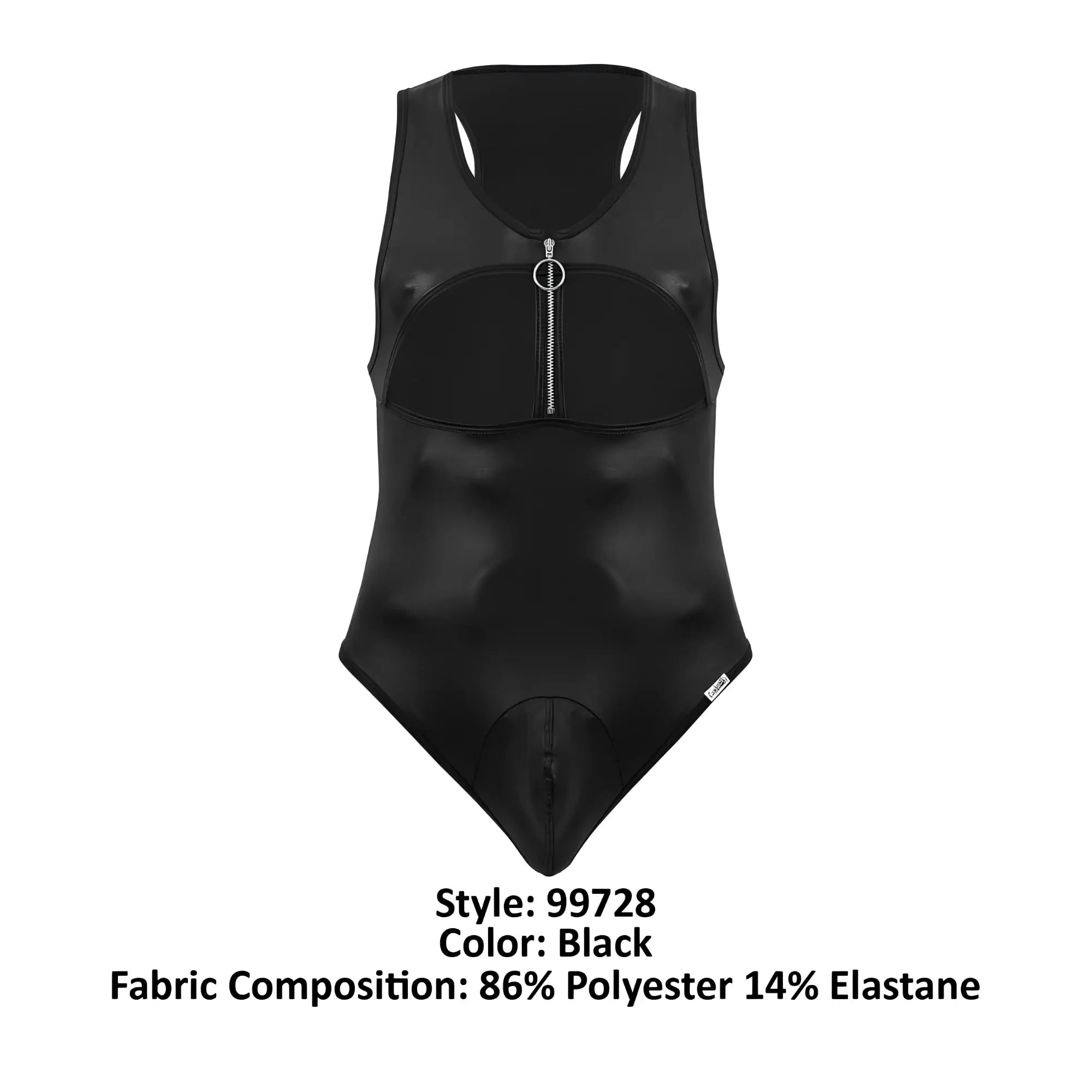 Black glossy vinyl CandyMan 99728 work-n-play one-piece bodysuit with front zipper and racerback design