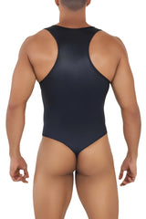 Black form-fitting one-piece swimsuit with racerback design by CandyMan 99728 Work-N-Play bodysuit shown from back side