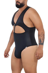 CandyMan 99728X work-n-play bodysuit black form-fitting one-piece swimsuit with plunging neckline and side cut-out details