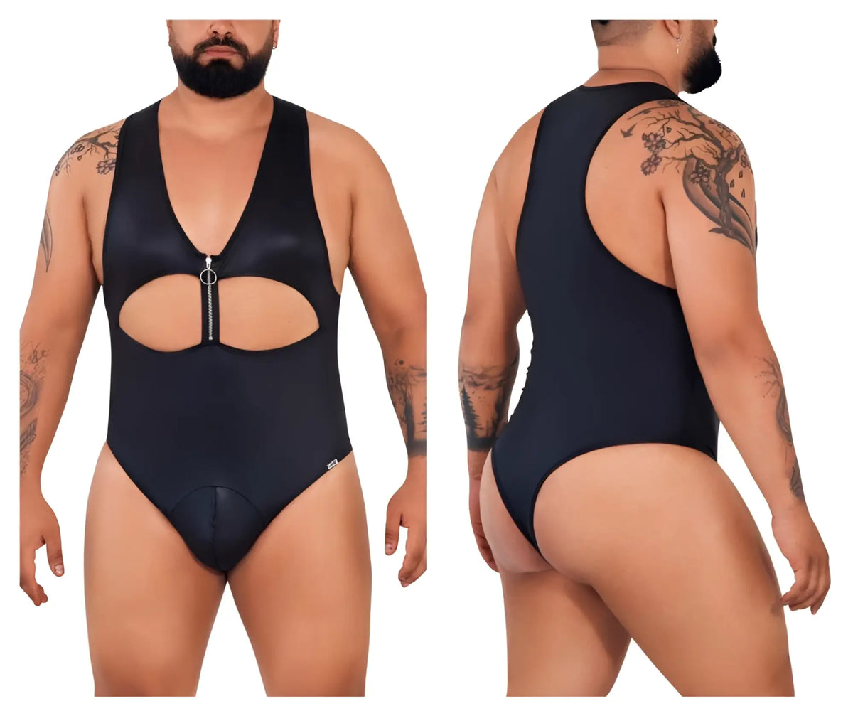Black Candyman 99728X work-n-play bodysuit with front zipper cutout design in a one-piece swimsuit style