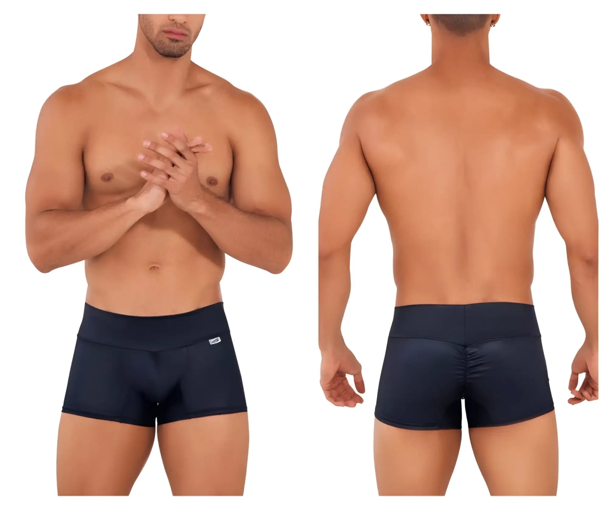 Navy blue stretch fabric briefs with high waistband and rear seam detail candyMan 99729 work-n-out trunks black back view