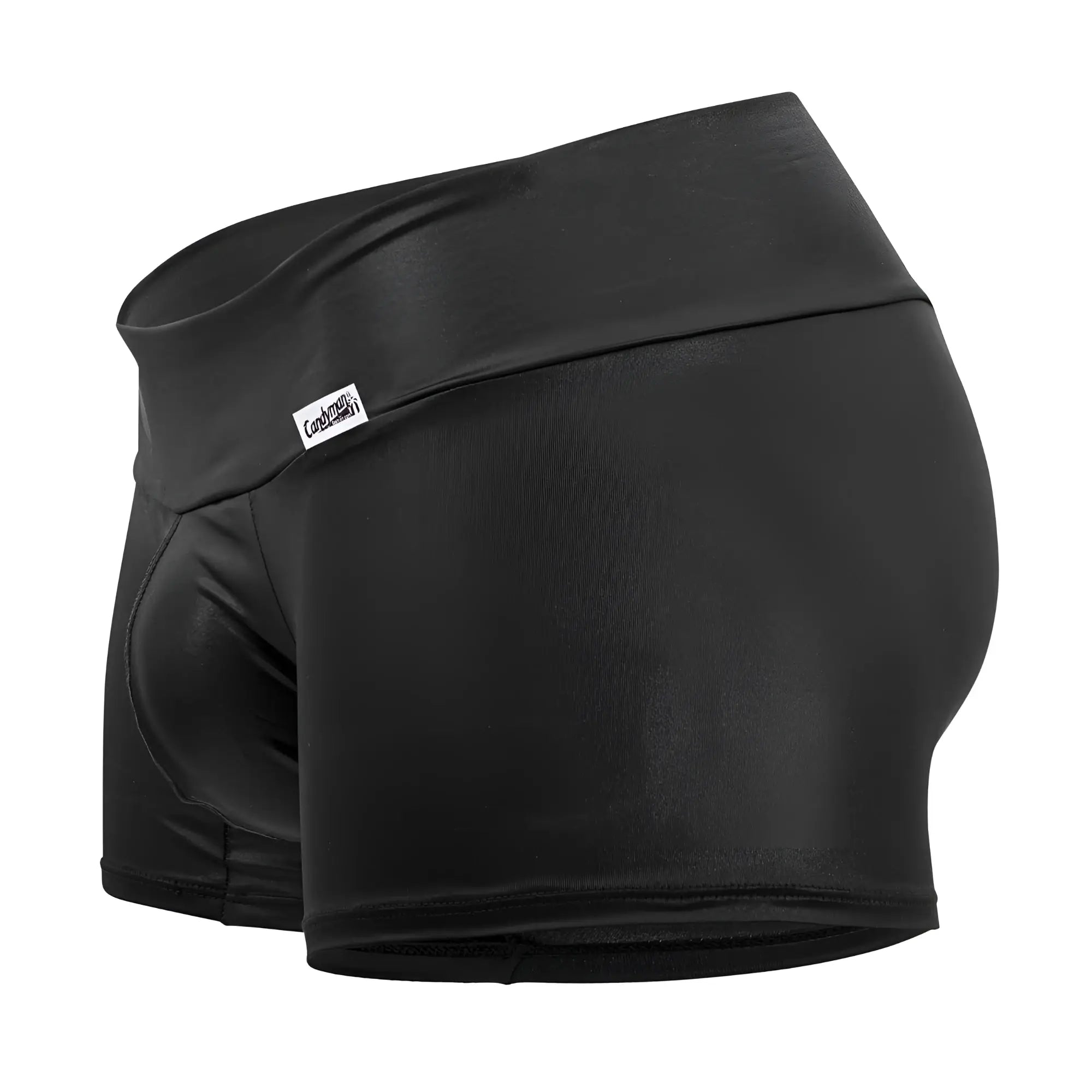 Black shiny faux leather high-waisted boxer briefs with white candyMan tag 99729 work-n-out trunks color black