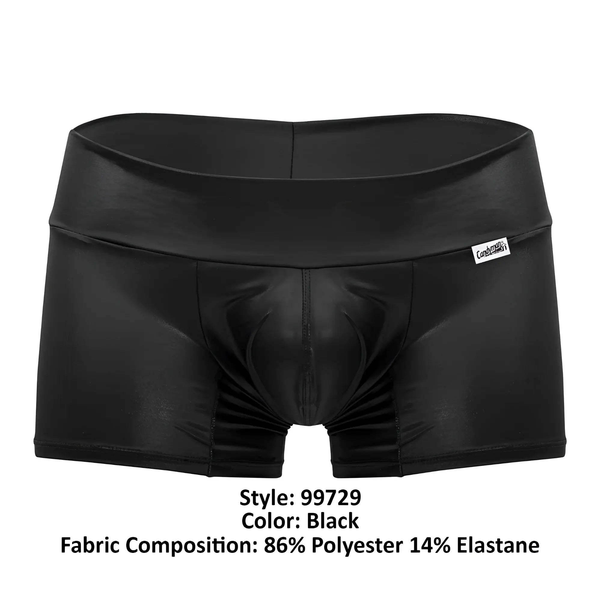 CandyMan 99729 work-n-out trunks black shiny faux leather high-waisted briefs with white brand tag on waistband
