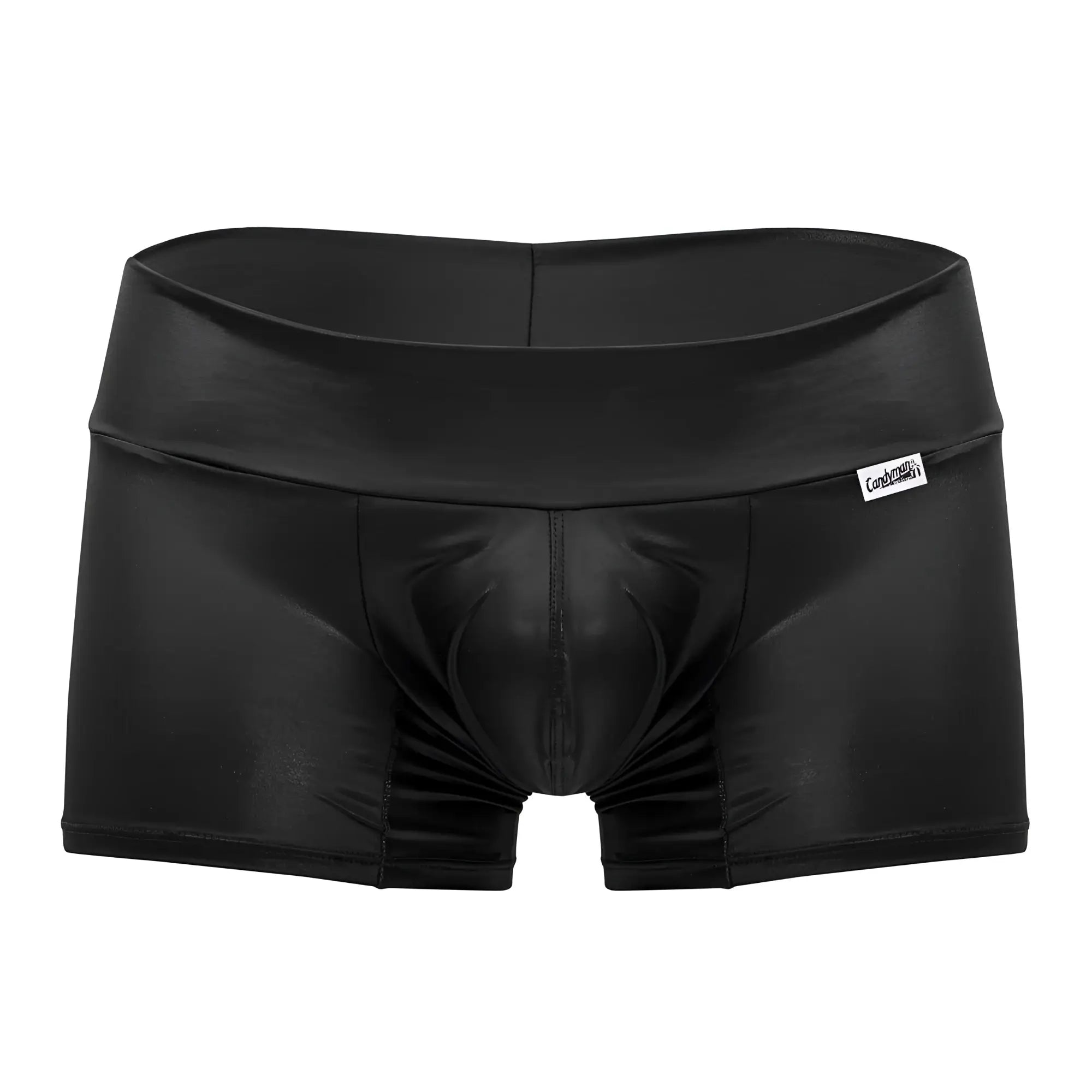 Black shiny faux leather men’s high-waisted briefs with small white brand tag candyMan 99729 work-n-out trunks