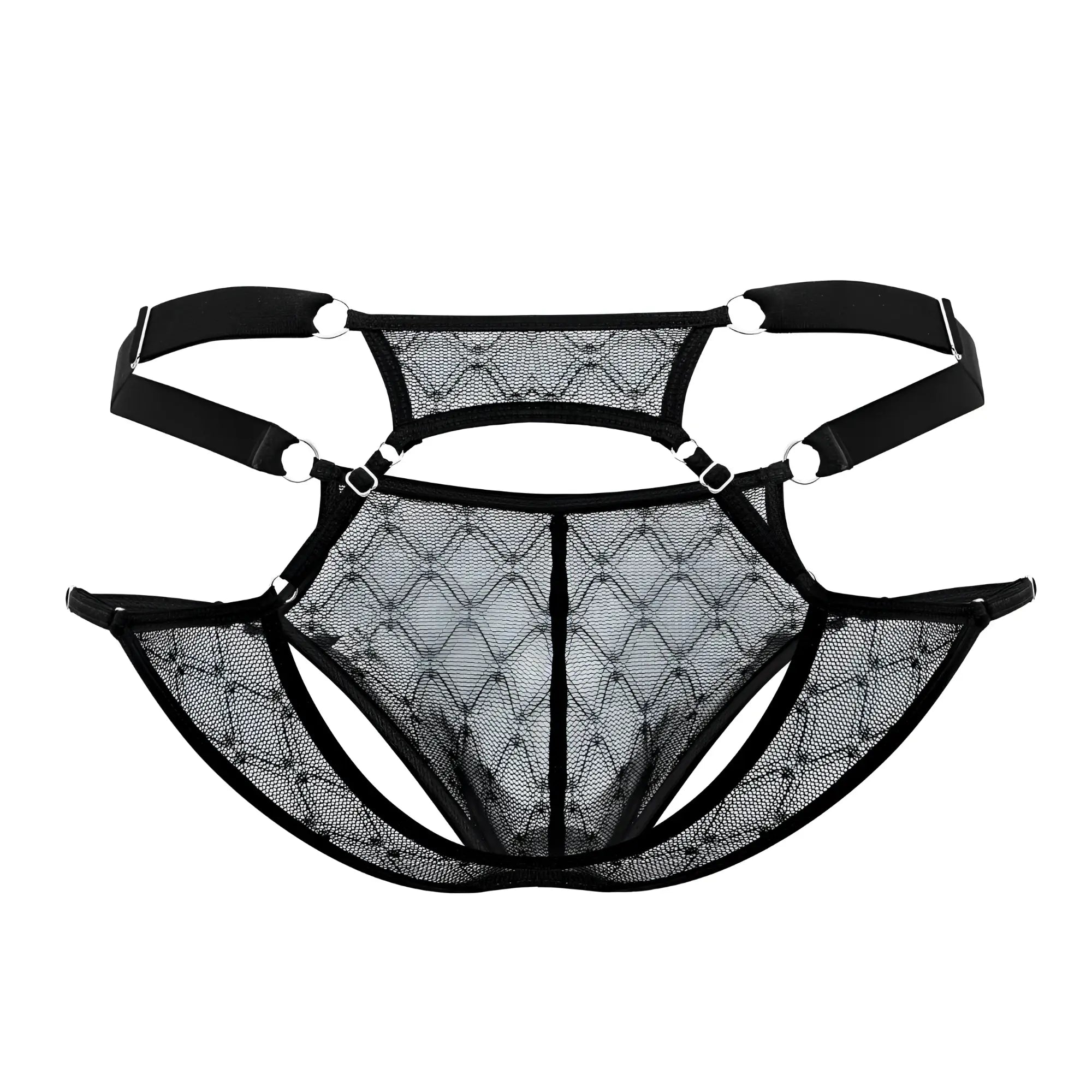 Black CandyMan 99730 lace jockstrap featuring diamond mesh pattern and adjustable straps for a bold look