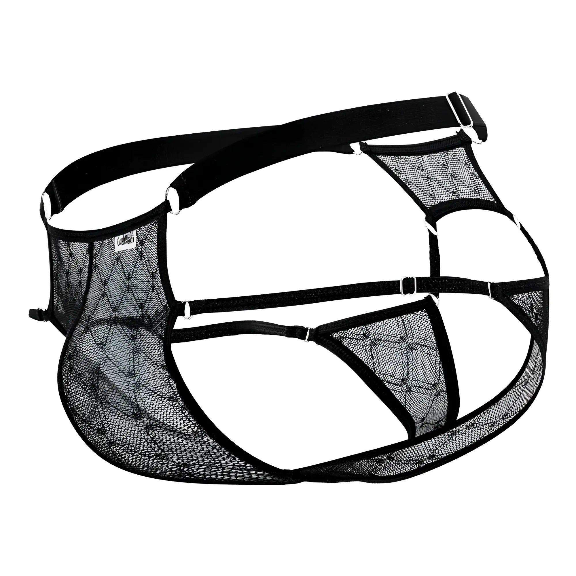 CandyMan 99730 lace jockstrap in black featuring black mesh lingerie harness with adjustable straps and silver clasps