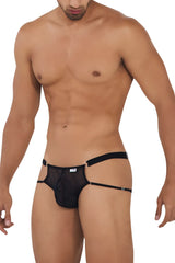 Black mesh briefs candy man 99730 lace jockstrap with thin side straps and metallic grommets in black color