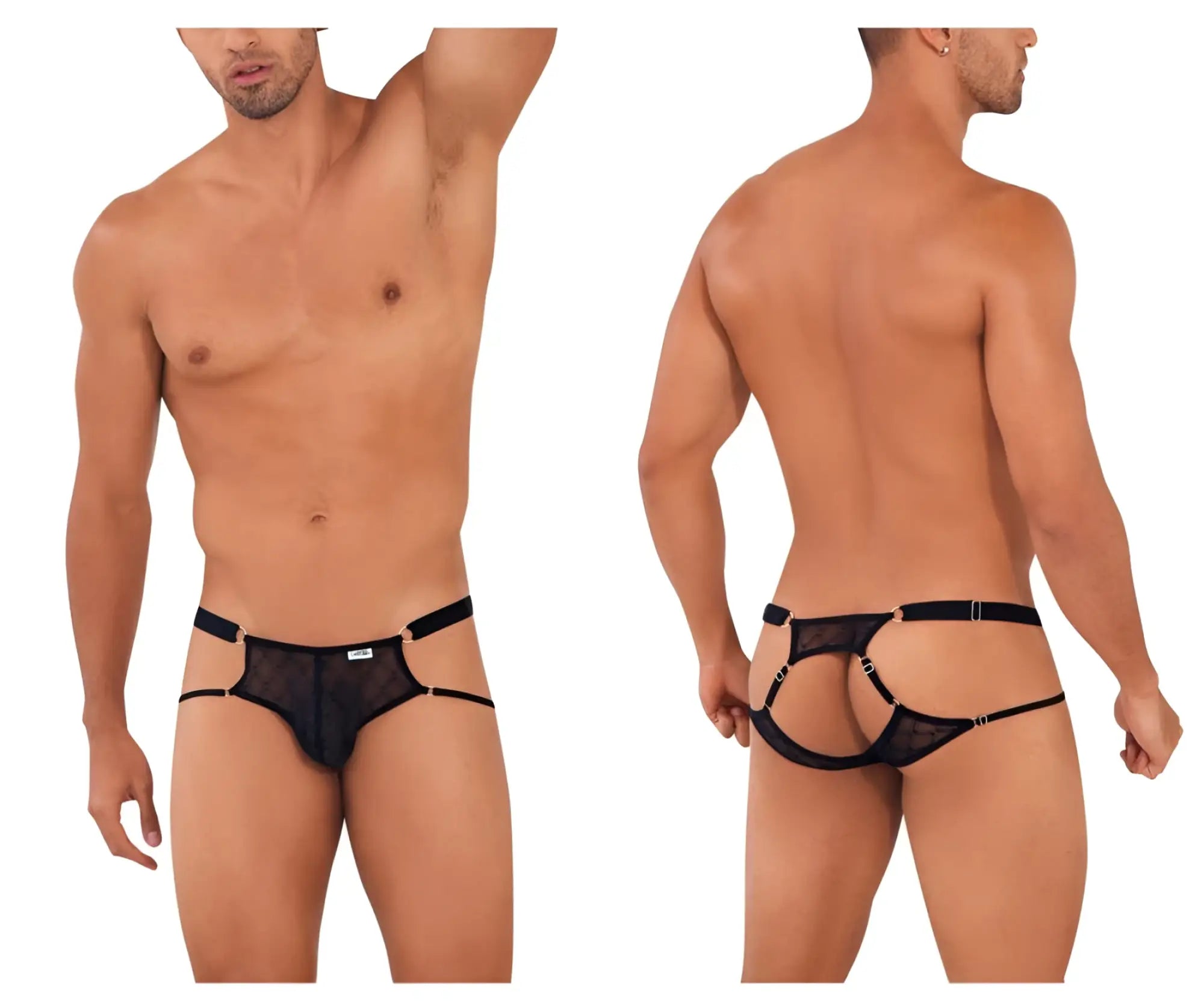 Black mesh thong with adjustable straps and metallic hardware from candyman 99730 lace jockstrap collection