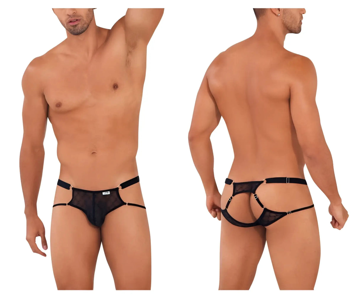 Black mesh thong with adjustable straps and metallic hardware from candyman 99730 lace jockstrap collection