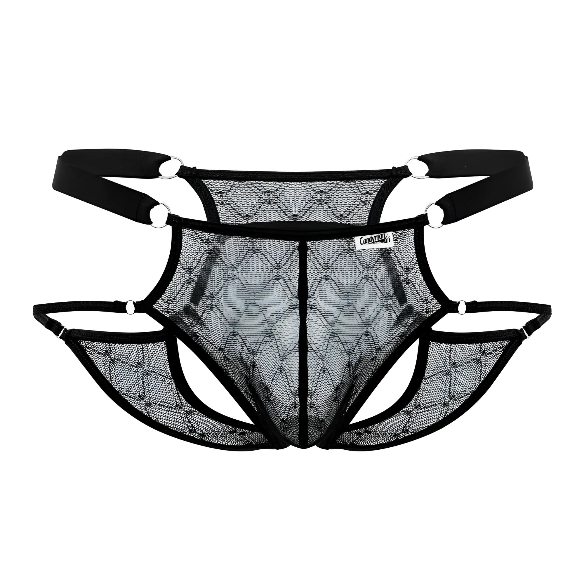 Black lacy CandyMan 99730 thong jockstrap with diamond mesh pattern and adjustable straps front view