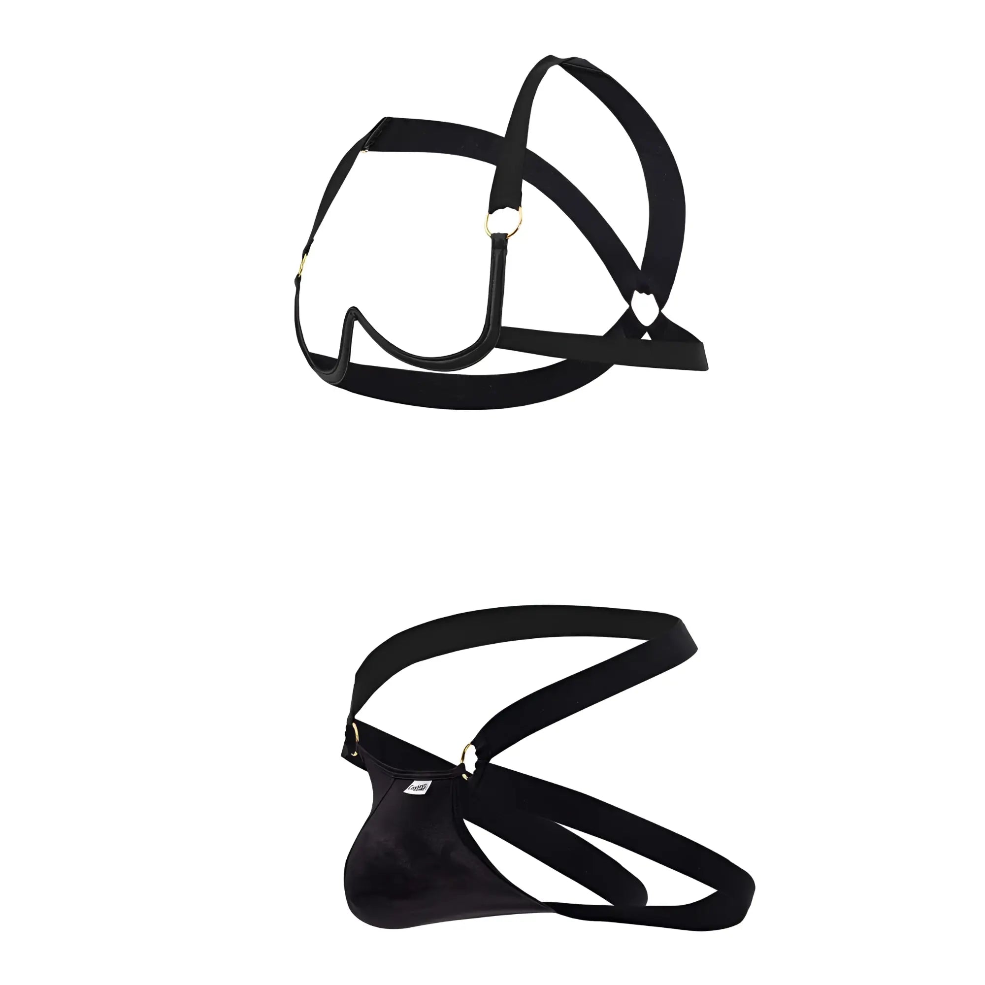 Black leather harness bra two piece set with adjustable straps and metallic hardware by candyman