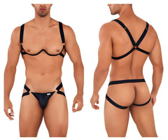 Black leather harness-style lingerie by candyman featuring gold-tone metal clasps and adjustable straps in black