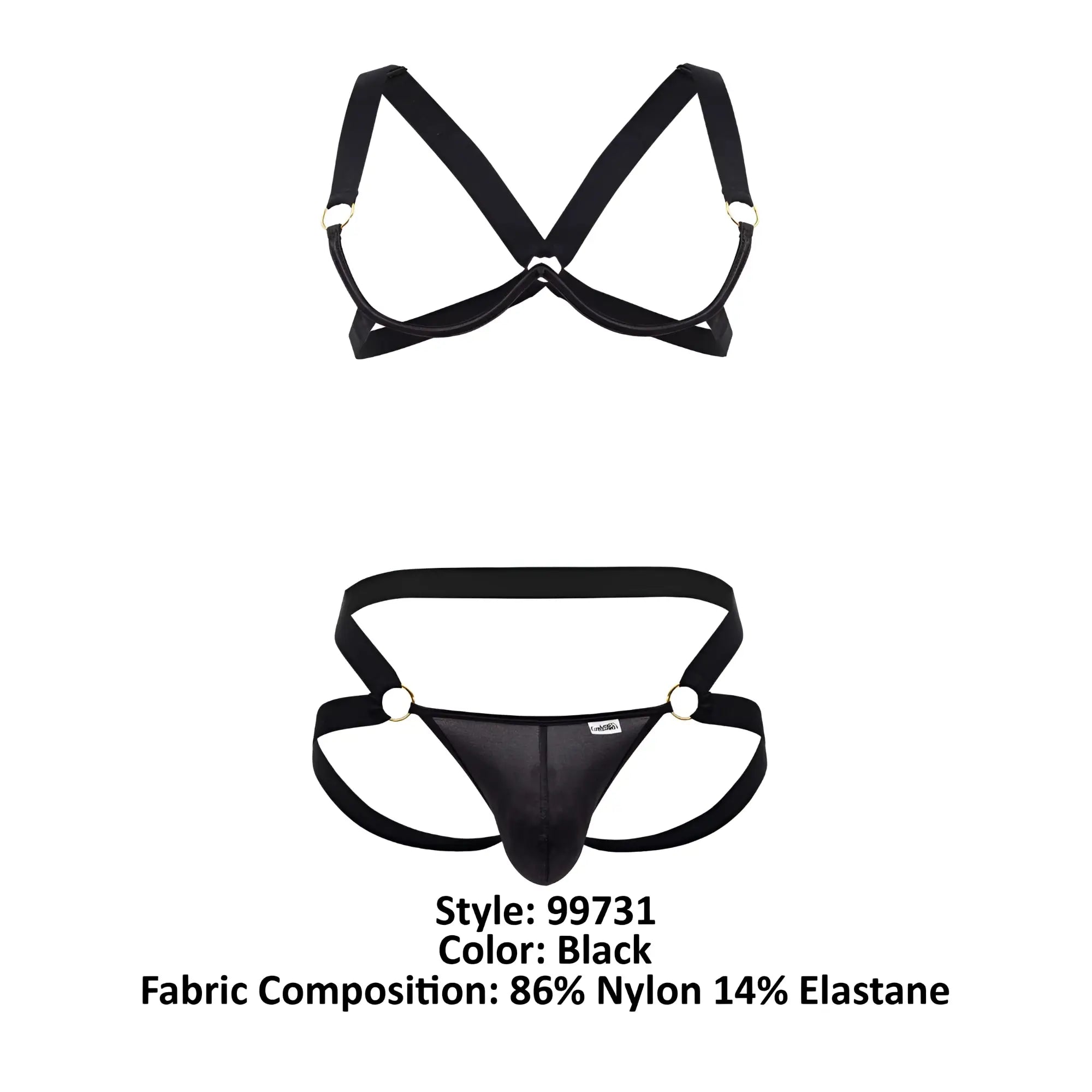Black candyman 99731 harness-bra two piece set nylon elastane briefs with supportive crisscross back strap design shown from back