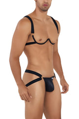 Black satin-like fabric harness-style thong with gold-toned metal rings from candyman 99731 two piece set